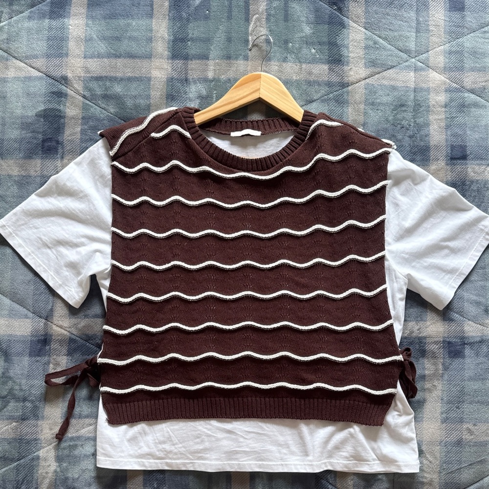 Zara Chocolate Brown Knit Vest with White Accents
